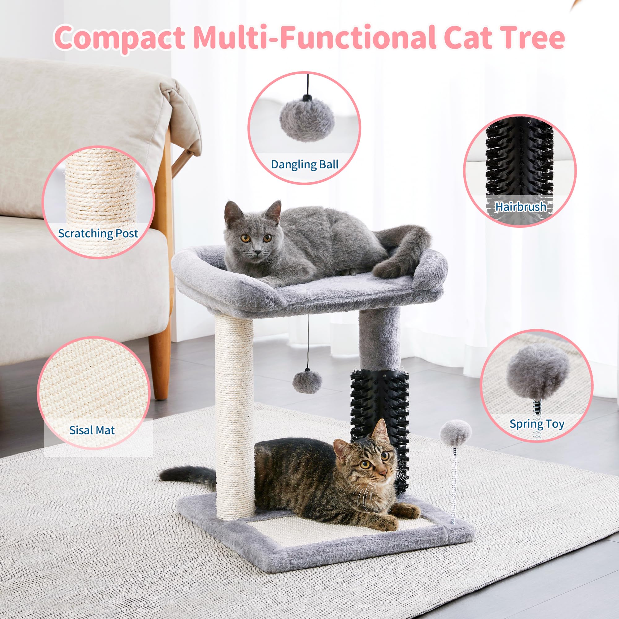 Made4Pets Small Cat Tree Tower, Cat Scratching Post 4-In-1 With Self Groomer Brush, 20'' Tall Natural Sisal Cat Scratcher, Soft